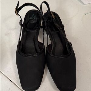 Life Stride Black Square-Toe Slingback Mules with Gold Buckles